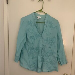 Charter Club 100% Linen Light Blue Floral Button-Down Shirt
